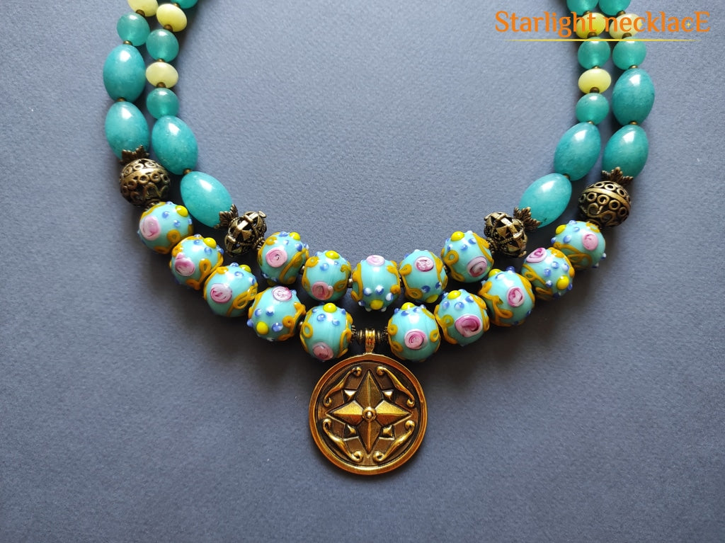 Necklace Nymphaea From Glass Beads Halcedony And Jadeite