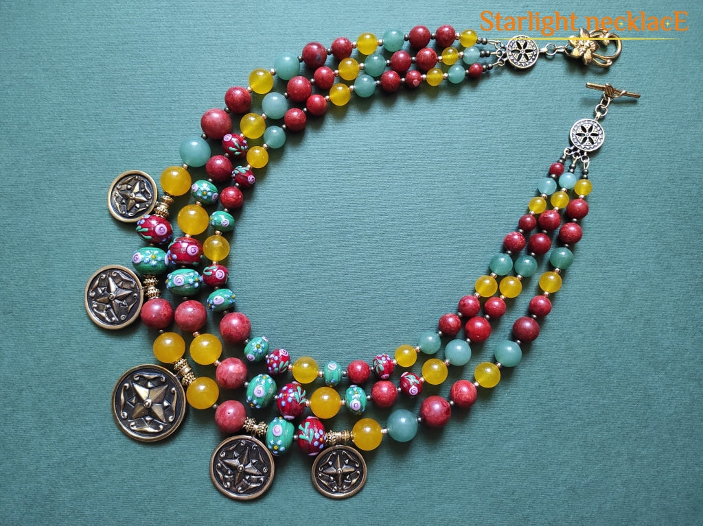 Necklace Zgarda From Kosmach From Glass Beads Chalcedony And Sponge Coral
