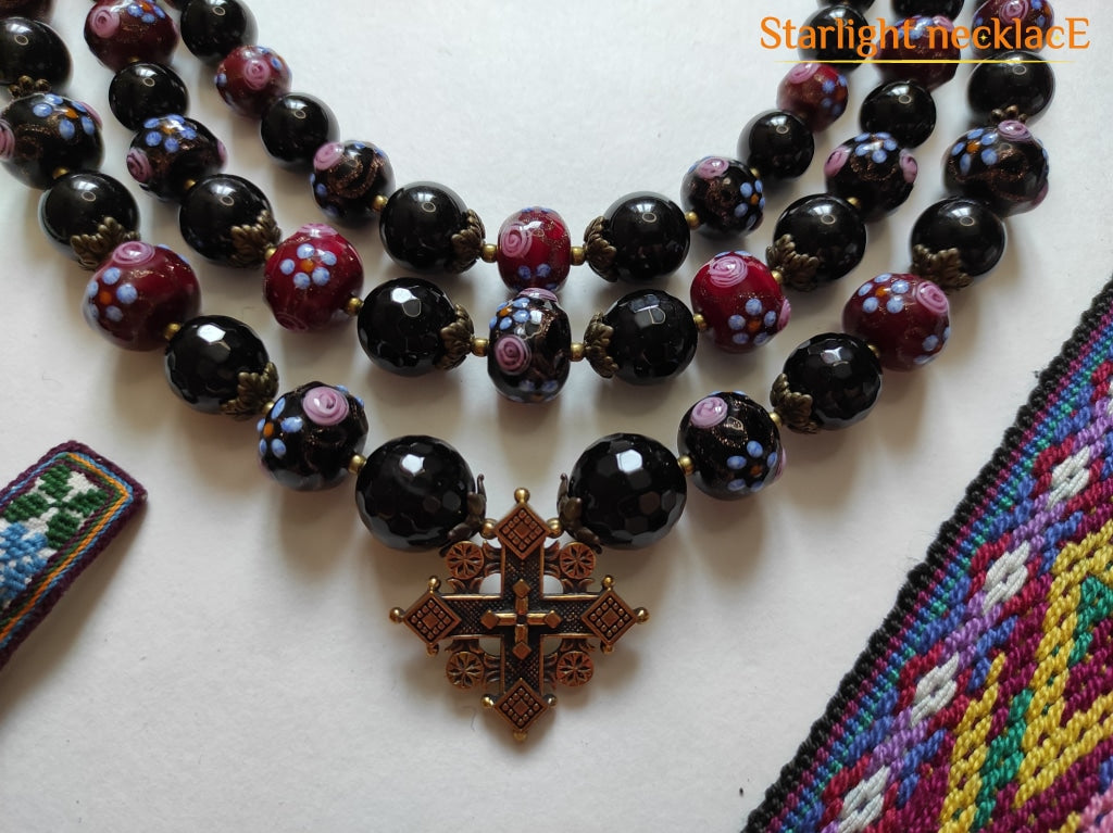 Necklace Zgarda Black Cherries From Glass Beads And Agate