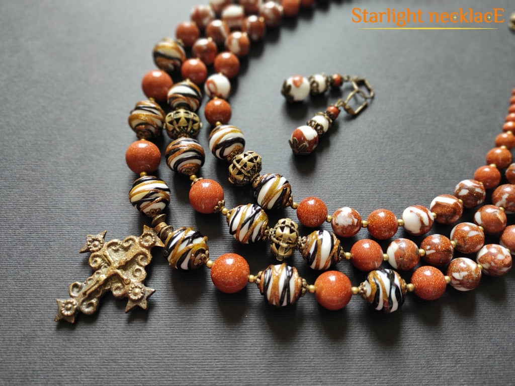 Necklace Zgarda Chocolate From Glass Beads And Adventurin Golden Sand