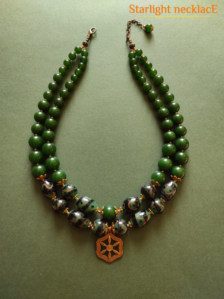 Necklace Zgarda Green Pysanky From Glass Beads And Chalcedony