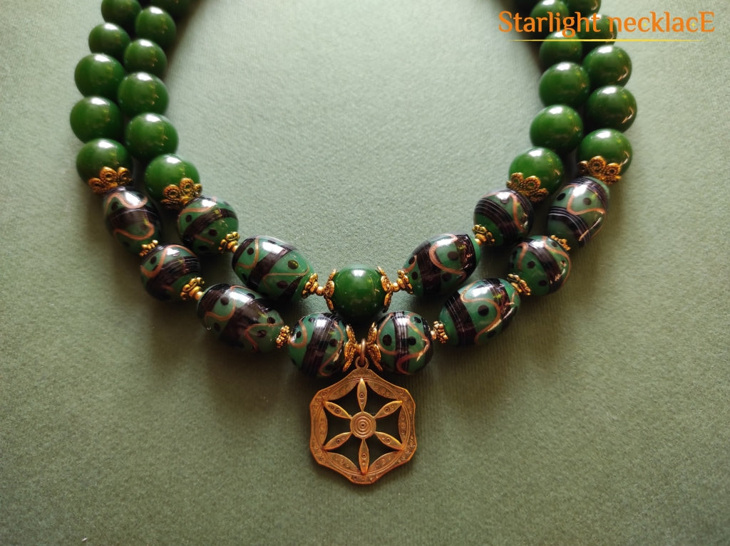 Necklace Zgarda Green Pysanky From Glass Beads And Chalcedony