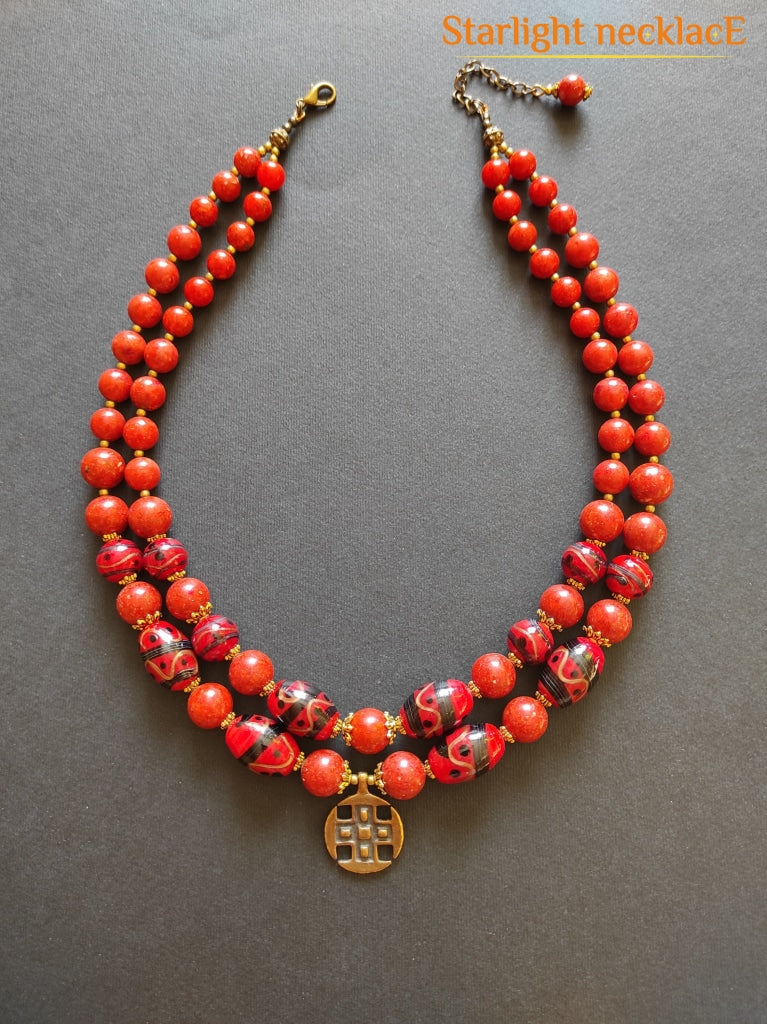 Necklace Zgarda Red Pysanky From Coral And Glass Beads