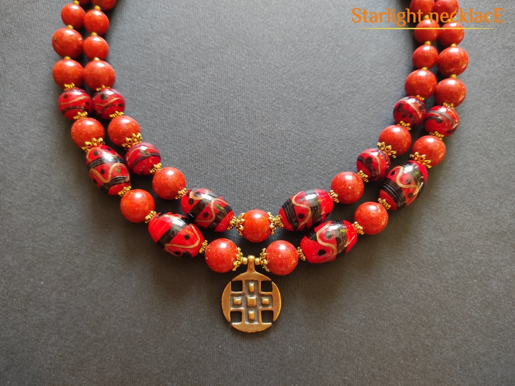 Necklace Zgarda Red Pysanky From Coral And Glass Beads