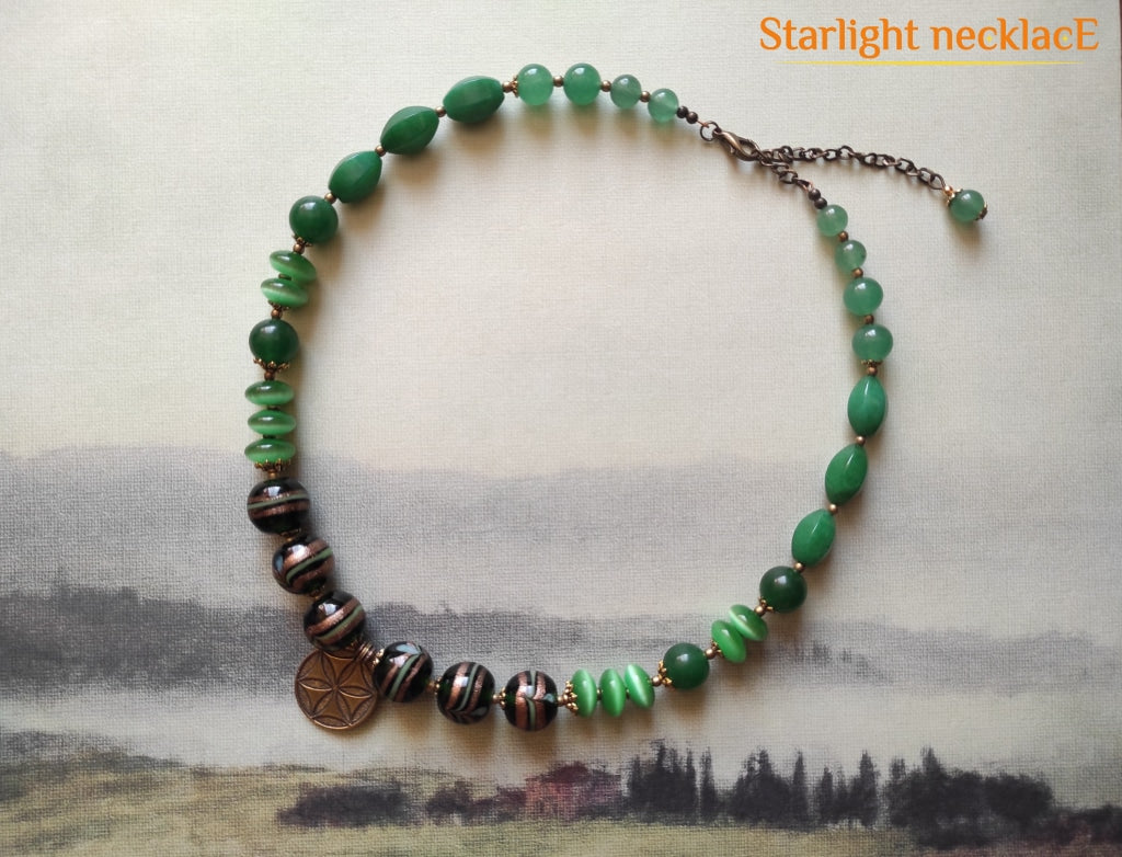 Necklace Zgarda Rustle Of Leaves From Glass Beads Chrysoprase And Cats Eye