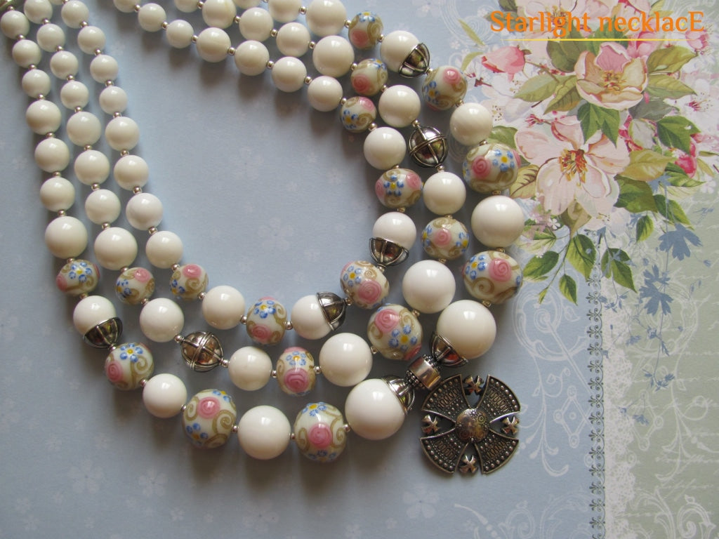 Necklace Zgarda Snow White From Glass Beads Mother-Of-Pearl And Silver