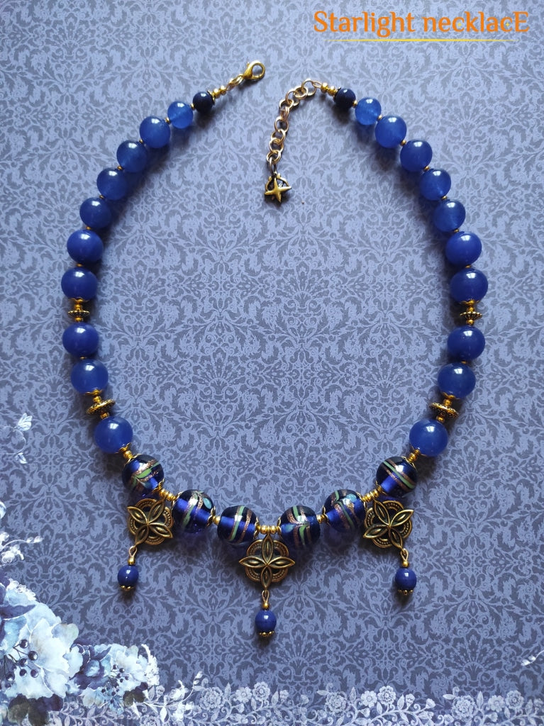 Necklace Zgarda Starry Sky From Glass Beads And Chalcedony