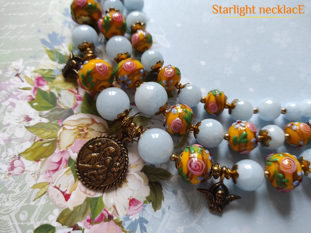 Necklace Zgarda Ukraine In Bloom From Glass Beads And Aquamarine